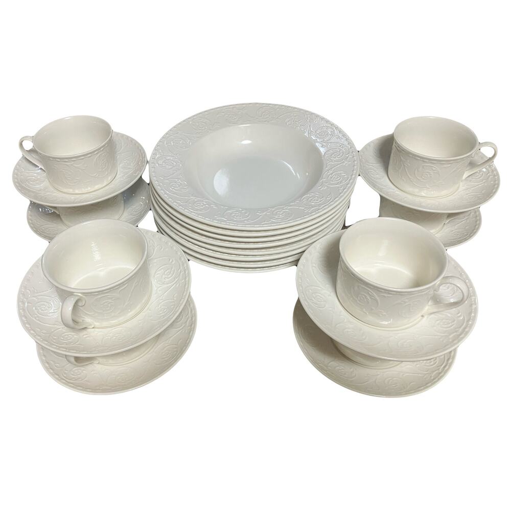 Plaza Lane Mikasa 8 Pc Soup Bowls Flat Cups Saucers Scroll Embossed Rim VTG Y2K
